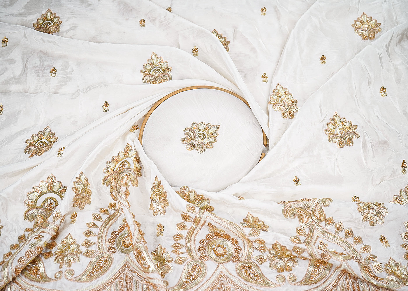 White Crepe Fabric With All Over Katdana, Sequins And Zari Work With One Side Border 20325