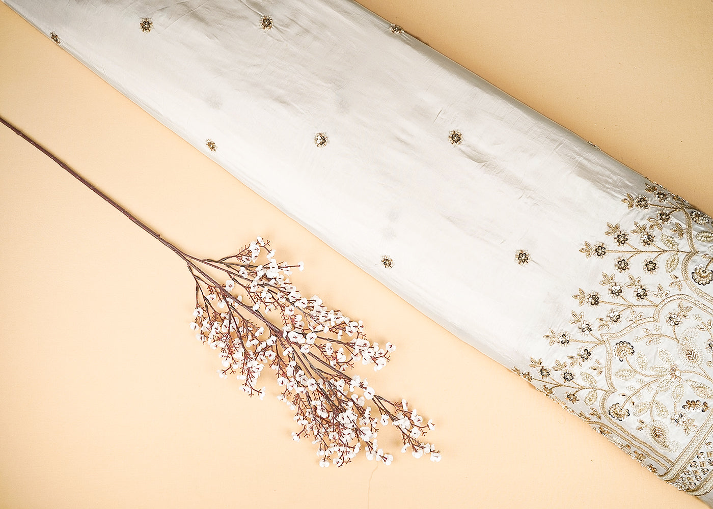 White Crepe Fabric With All Over Bead, Katdana, Sequins And Zari Work With One Side Border 20331