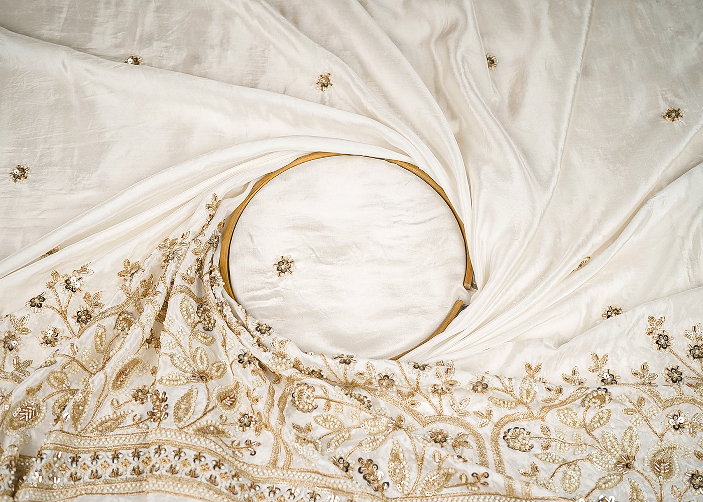 White Crepe Fabric With All Over Bead, Katdana, Sequins And Zari Work With One Side Border 20331