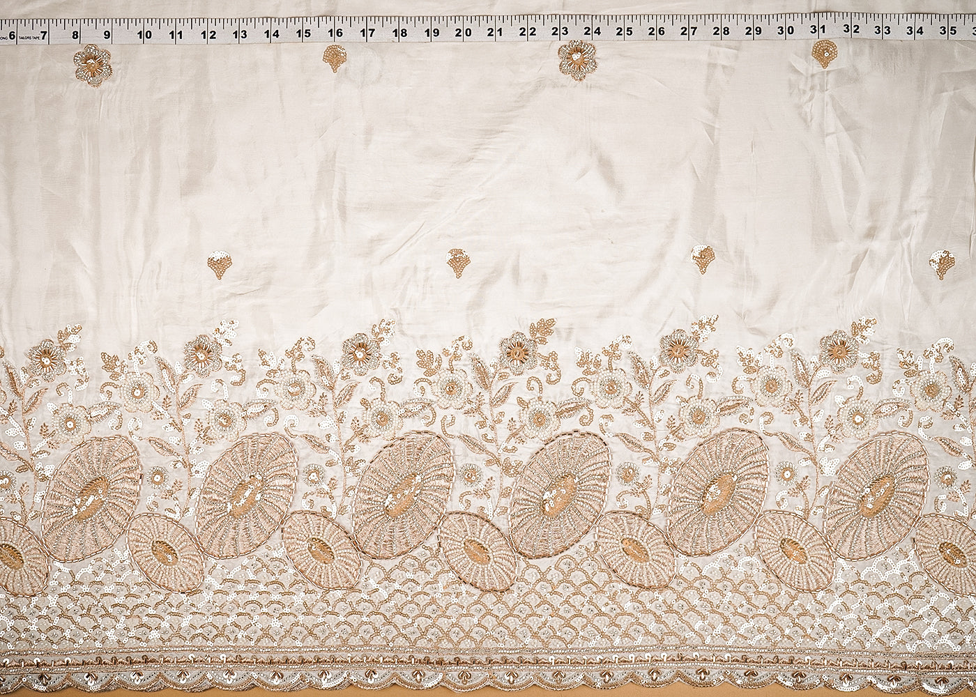 White Dyeable Crepe Fabric With All Over Katdana, Sequins And Bead Work With One Side Heavy Border 20332