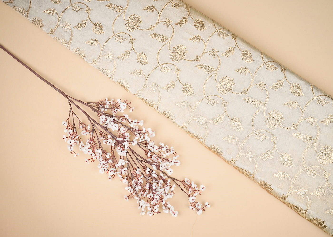 Light Golden Tissue Fabric With All Over Golden Zari Handloom 20363