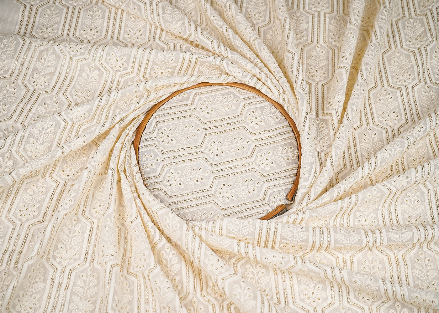 White Georgette Fabric With All Over Thread And Sequins Work 20368