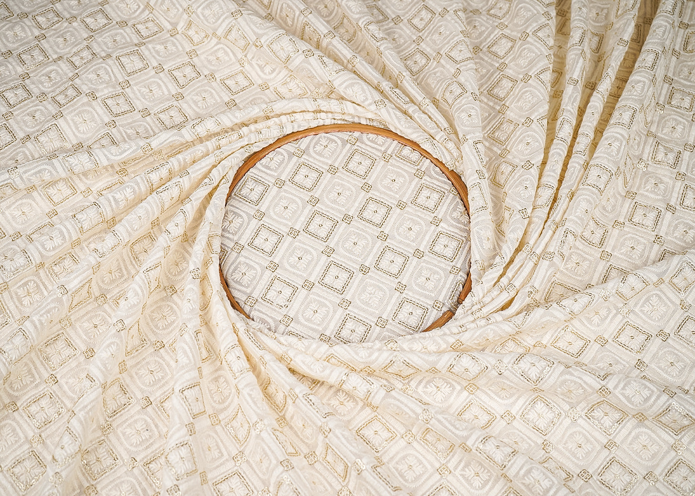 White Georgette Fabric With All Over Thread And Sequins Work 20369