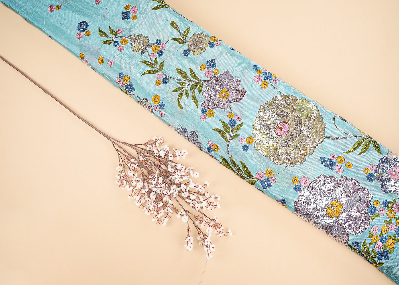 Sky Blue Georgette Fabric With All Over Thread, Zari And Sequins With One Side Border 20371