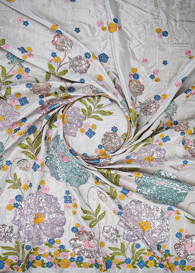 Grey Crepe Fabric With All Over Thread, Zari And Sequins With One Side Border 20373