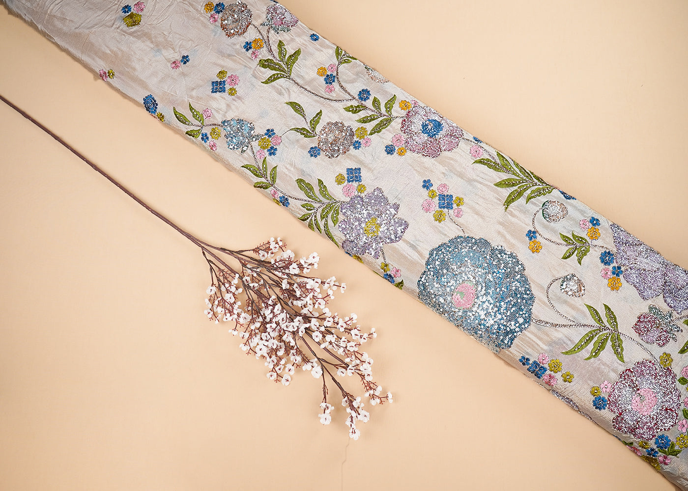 Peach Georgette Fabric With All Over Thread, Zari And Sequins With One Side Border 20374