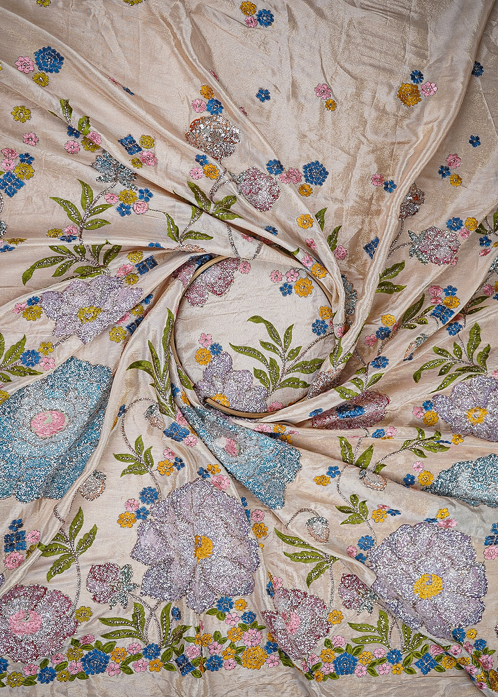 Peach Georgette Fabric With All Over Thread, Zari And Sequins With One Side Border 20374