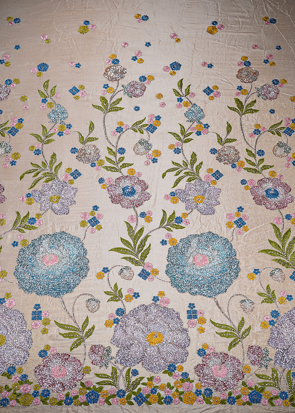 Peach Georgette Fabric With All Over Thread, Zari And Sequins With One Side Border 20374