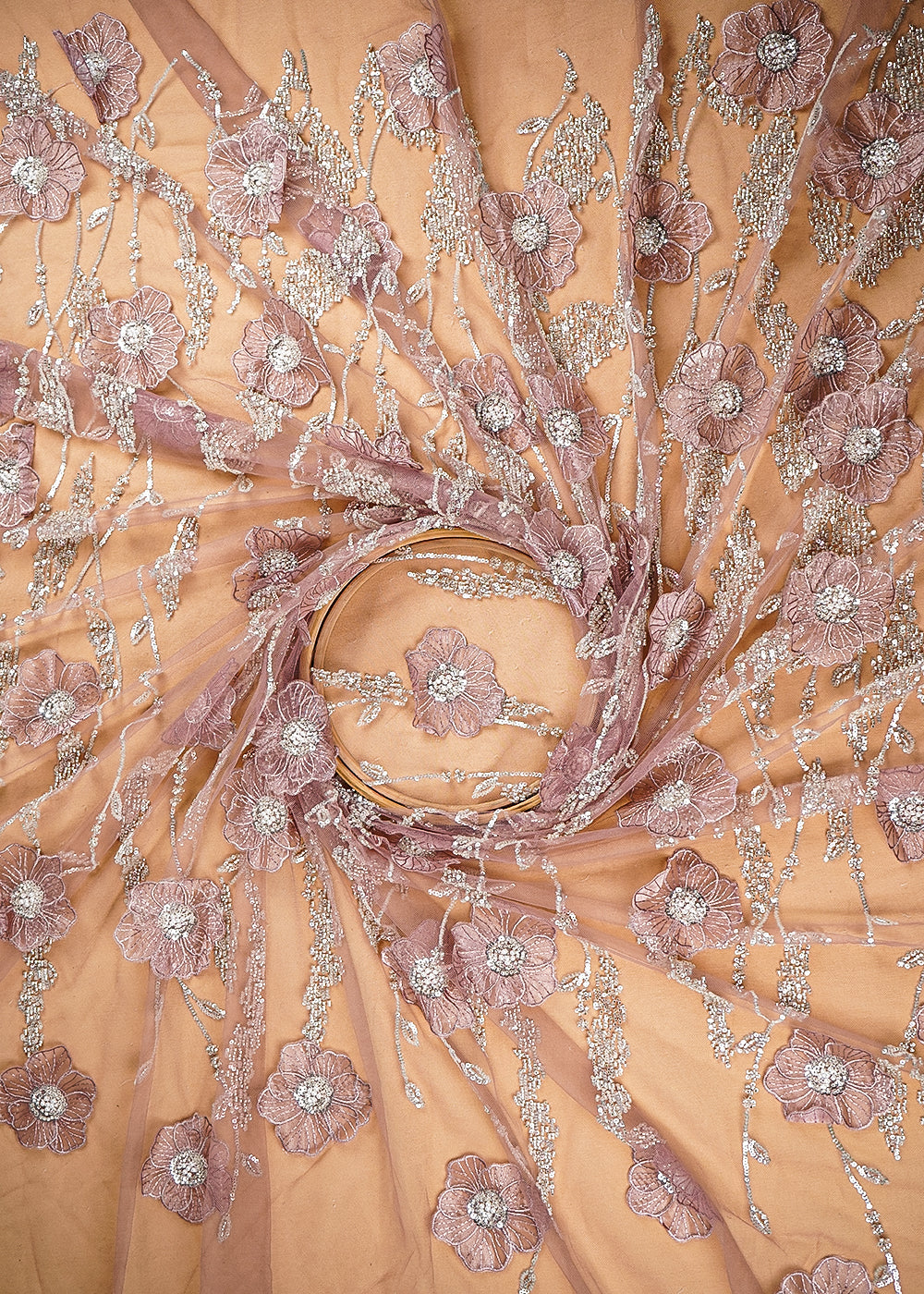 Mauve Imported Net Fabric With All Over Sequins And Bead With 3D Work 20376