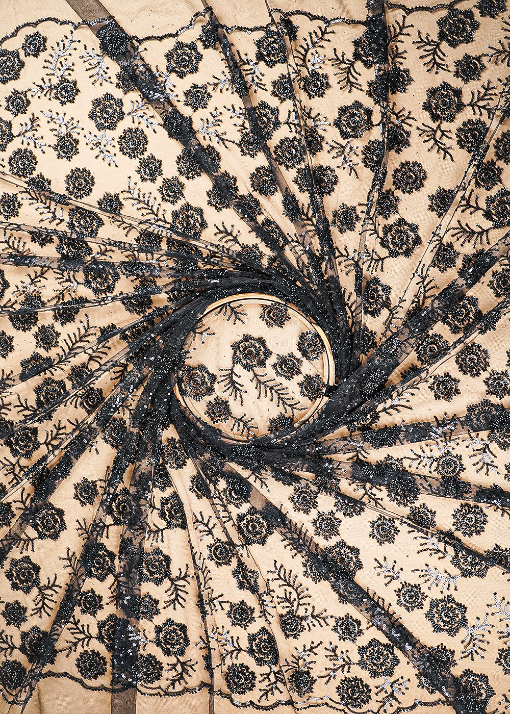 Black Imported Net Fabric With All Over Bead, Sequins And Thread Work With Two Side Scalloped Edges 20378