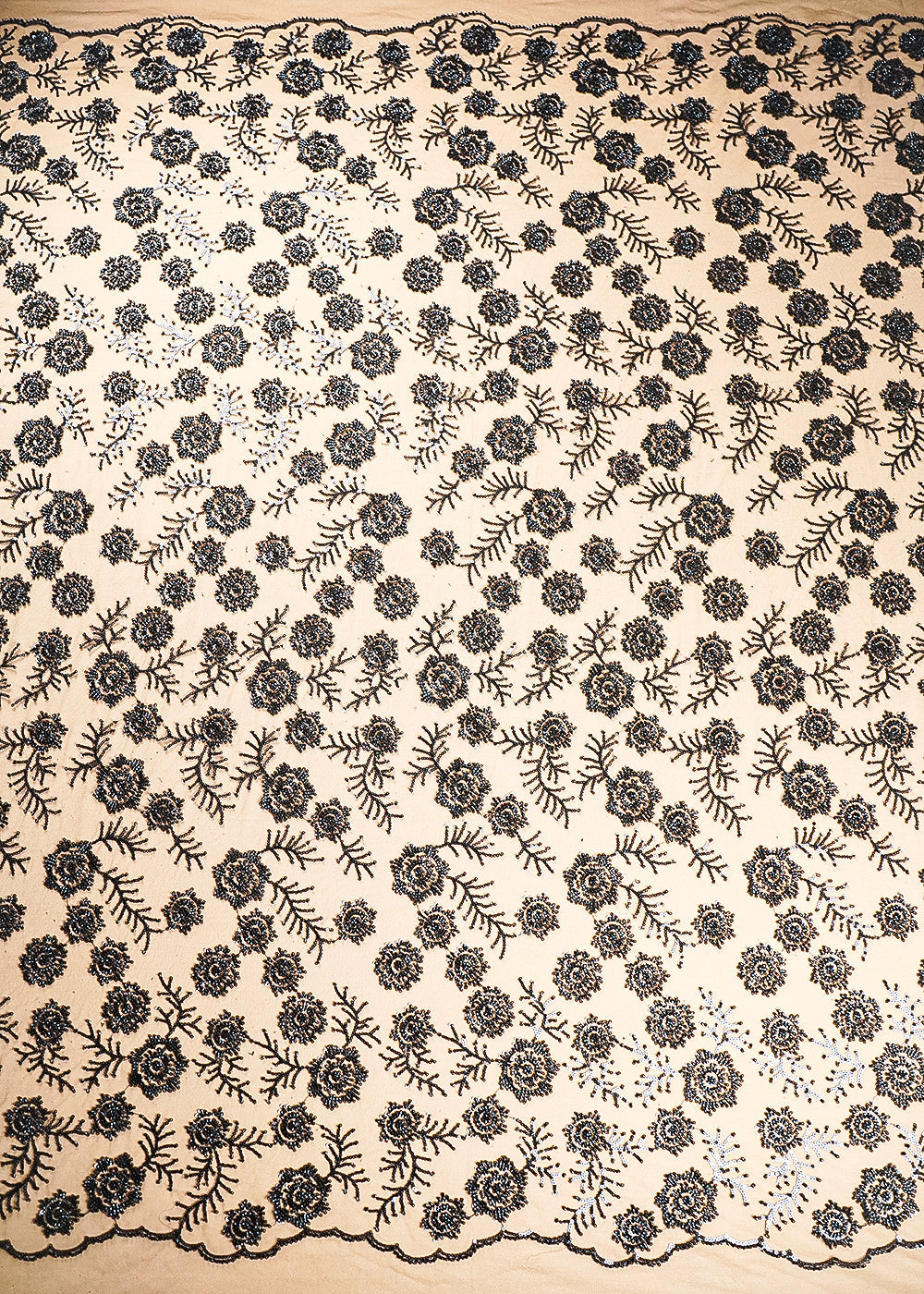 Black Imported Net Fabric With All Over Bead, Sequins And Thread Work With Two Side Scalloped Edges 20378