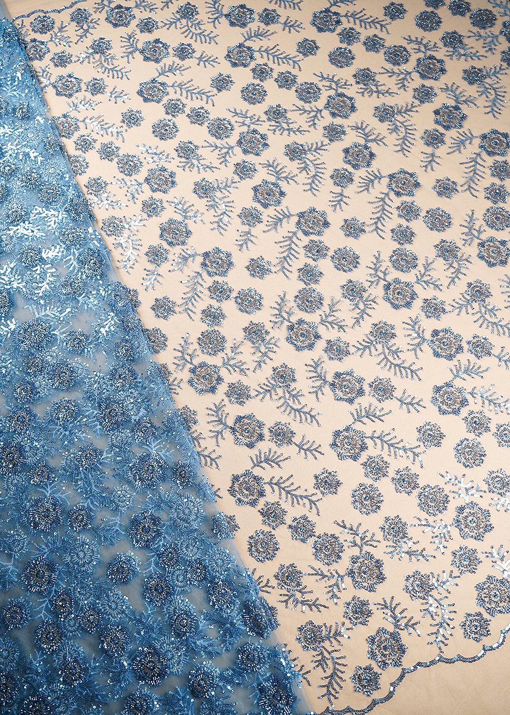 Blue Imported Net Fabric With All Over Bead, Sequins And Thread Work With Two Side Scalloped Edges 20379