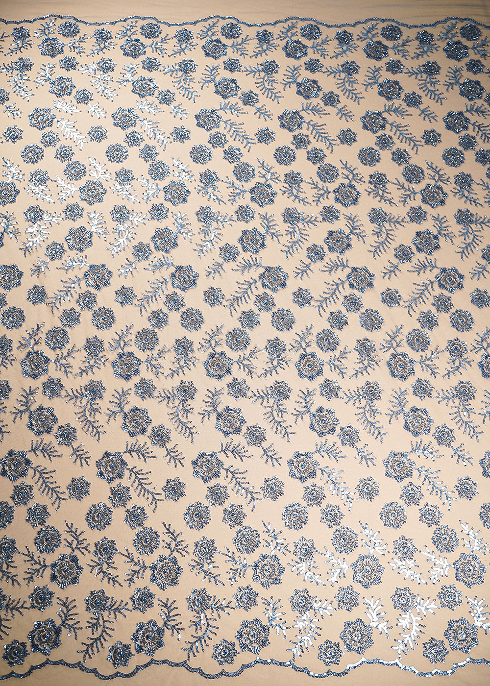 Blue Imported Net Fabric With All Over Bead, Sequins And Thread Work With Two Side Scalloped Edges 20379