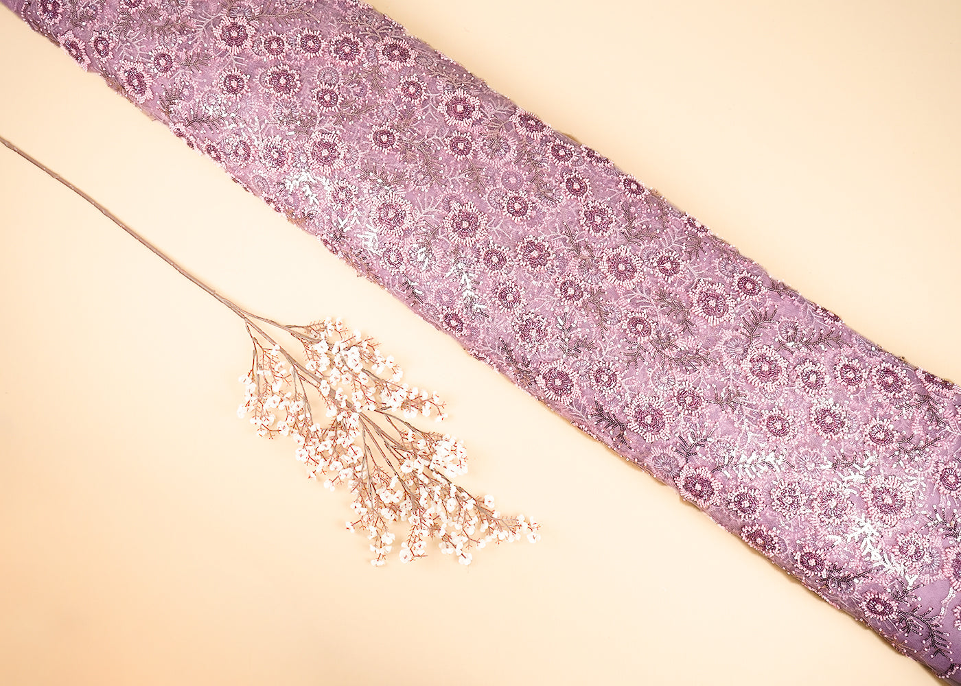 Pink Imported Net Fabric With All Over Bead, Sequins And Thread Work With Two Side Scalloped Edges 20380
