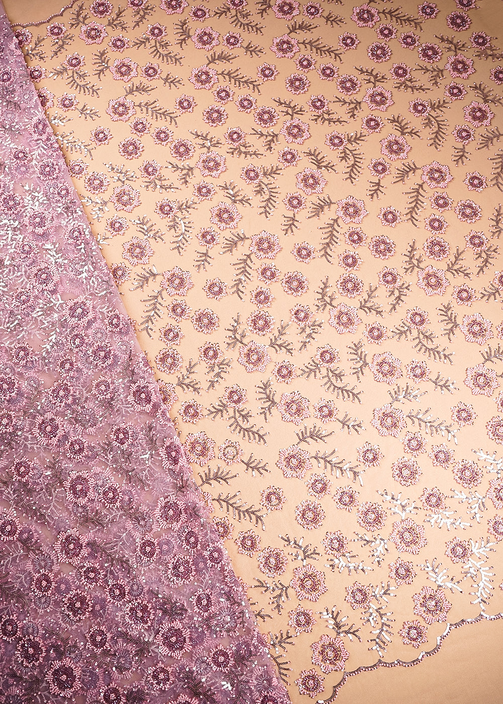 Pink Imported Net Fabric With All Over Bead, Sequins And Thread Work With Two Side Scalloped Edges 20380