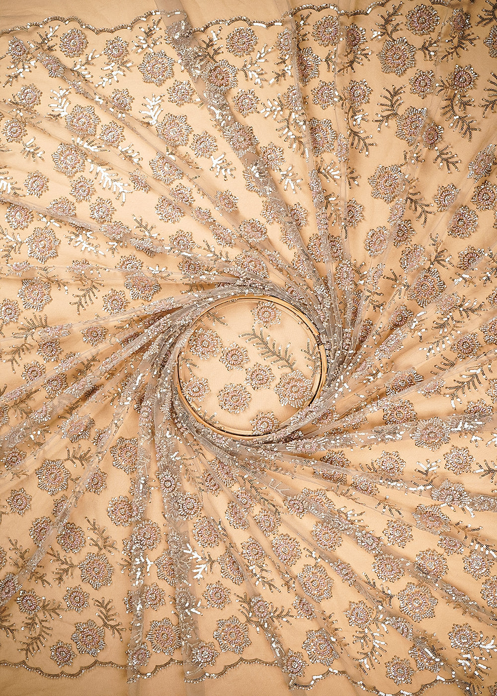 Gold Imported Net Fabric With All Over Bead, Sequins And Thread Work With Two Side Scalloped Edges 20381