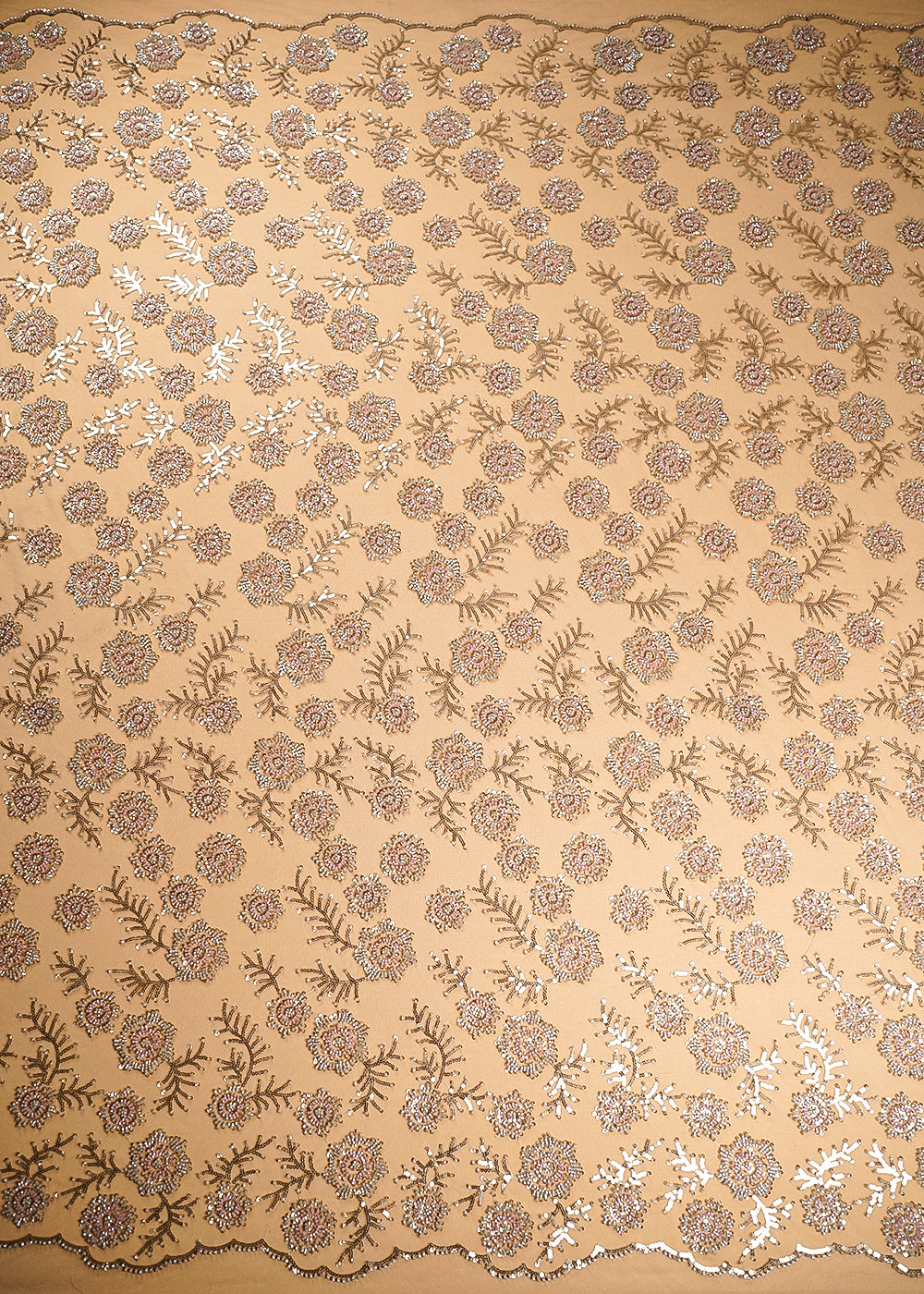 Gold Imported Net Fabric With All Over Bead, Sequins And Thread Work With Two Side Scalloped Edges 20381