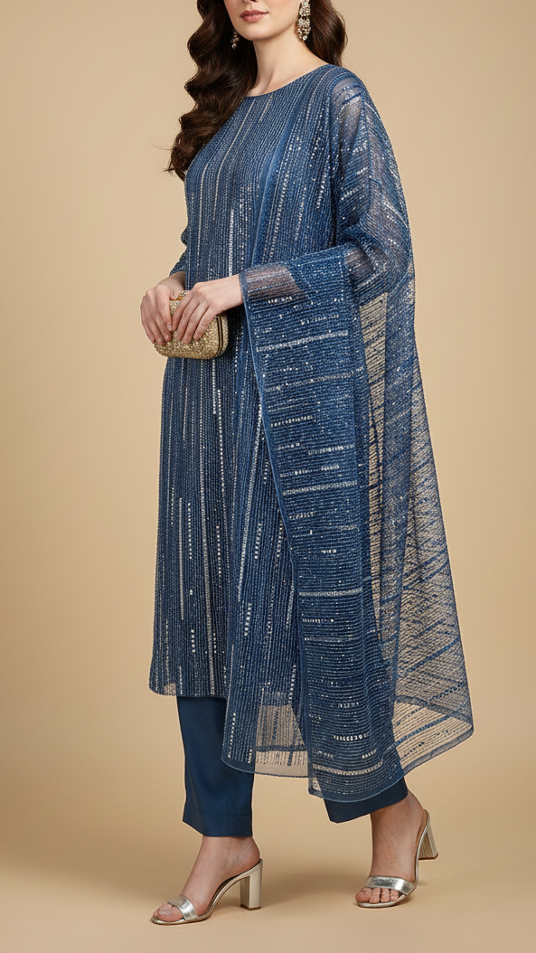 Zareen Khan Inspired Edition | Blue Embroidered Net Unstitched Fabric 20382
