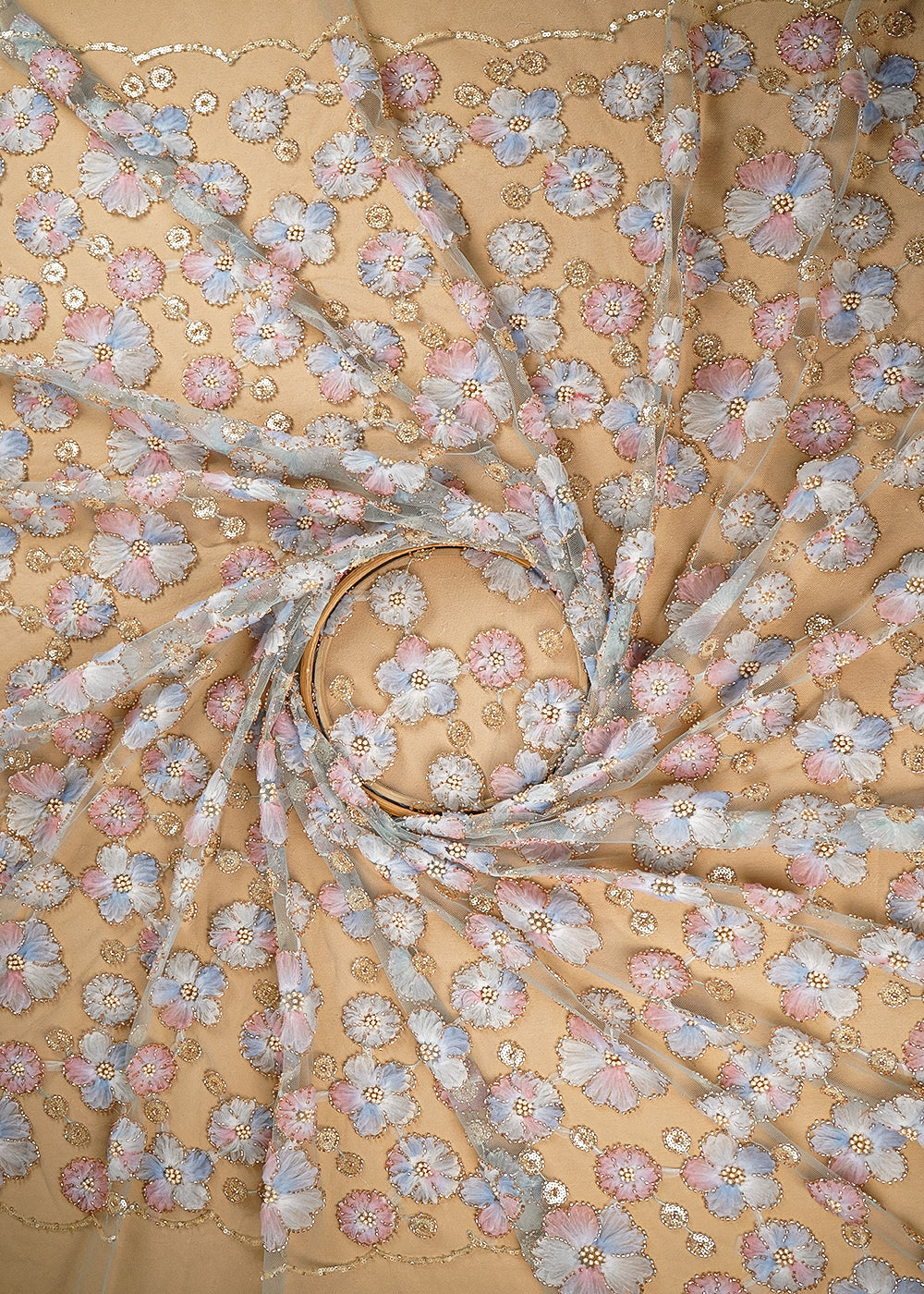 Aqua Blue Imported Net Fabric With All Over Sequins And Bead With Ribbon Work 20384