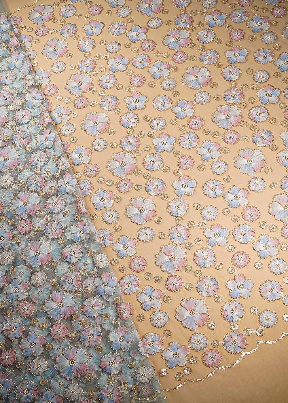 Aqua Blue Imported Net Fabric With All Over Sequins And Bead With Ribbon Work 20384