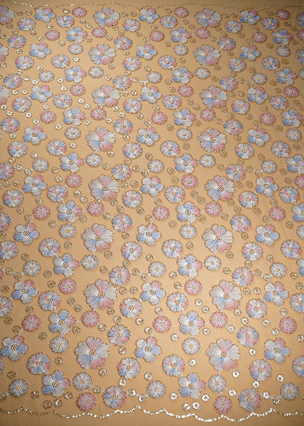 Aqua Blue Imported Net Fabric With All Over Sequins And Bead With Ribbon Work 20384