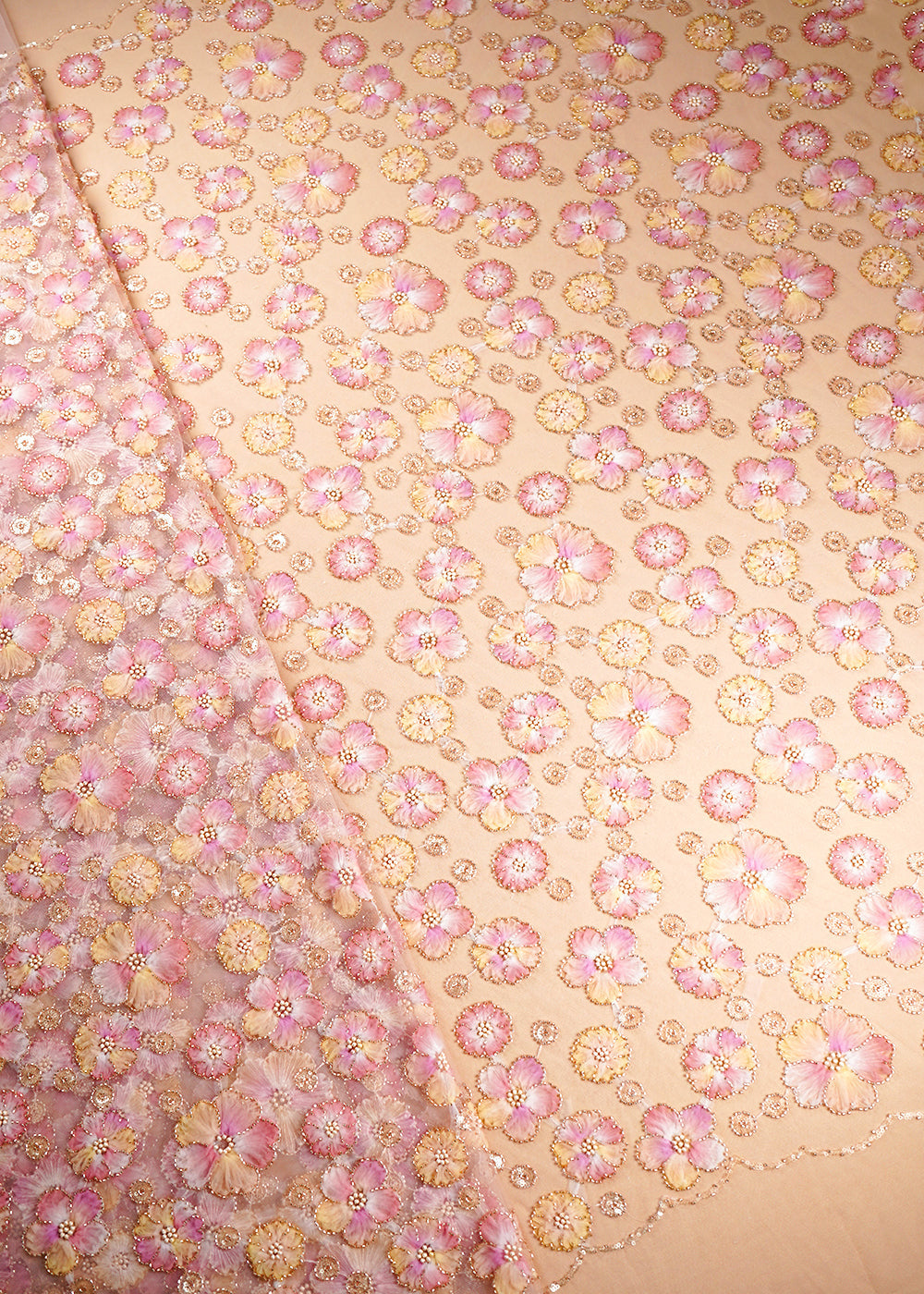 Pink Imported Net Fabric With All Over Sequins And Bead With Ribbon Work 20385