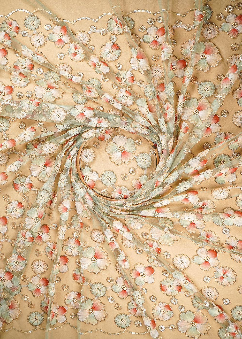 Mint Green Imported Net Fabric With All Over Sequins And Bead With Ribbon Work 20386