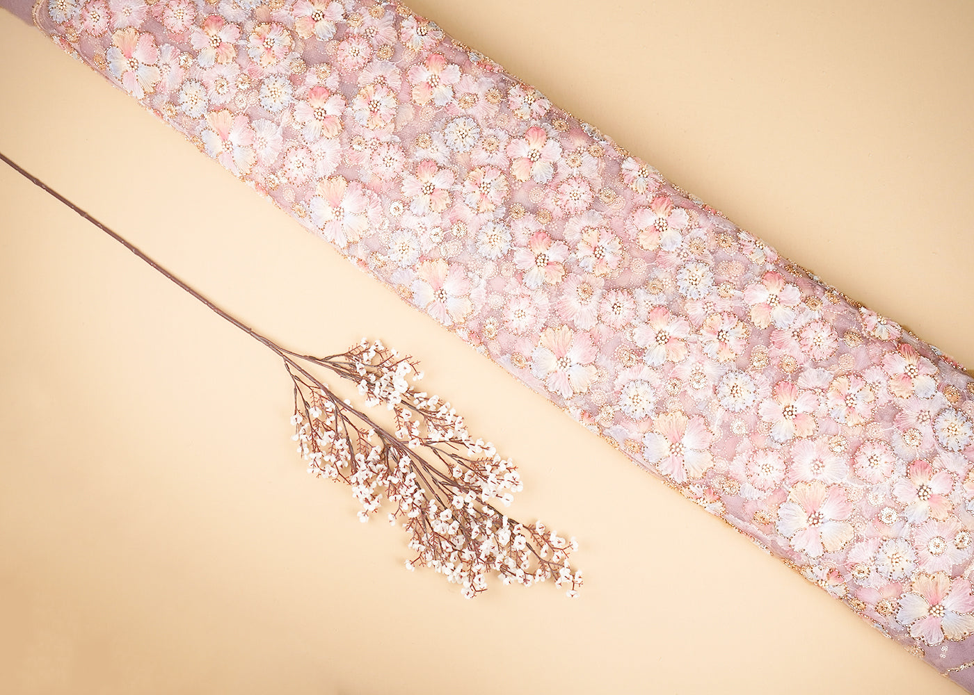 Onion Imported Net Fabric With All Over Sequins And Bead With Ribbon Work 20387