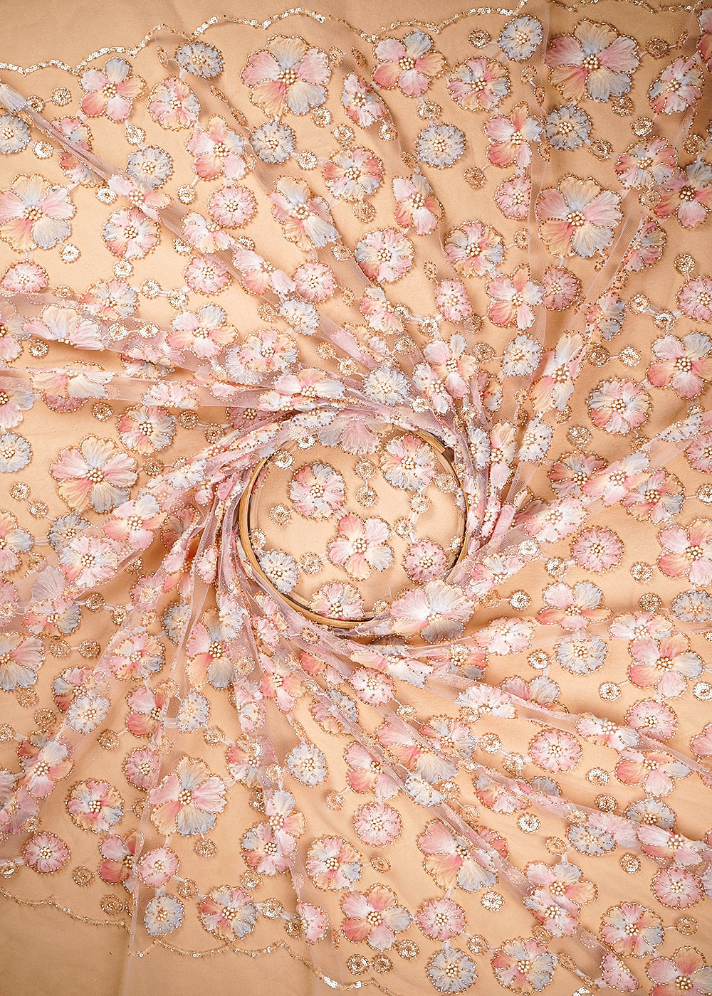 Onion Imported Net Fabric With All Over Sequins And Bead With Ribbon Work 20387