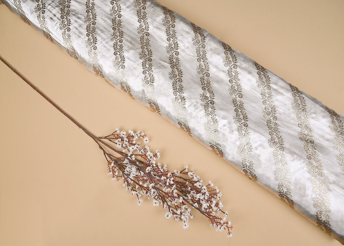 White Satin Fabric With Allover Zari Handloom Diagonal Stripes 20389