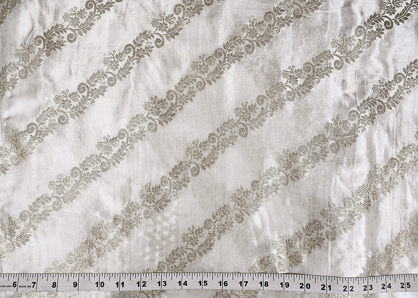 White Satin Fabric With Allover Zari Handloom Diagonal Stripes 20389
