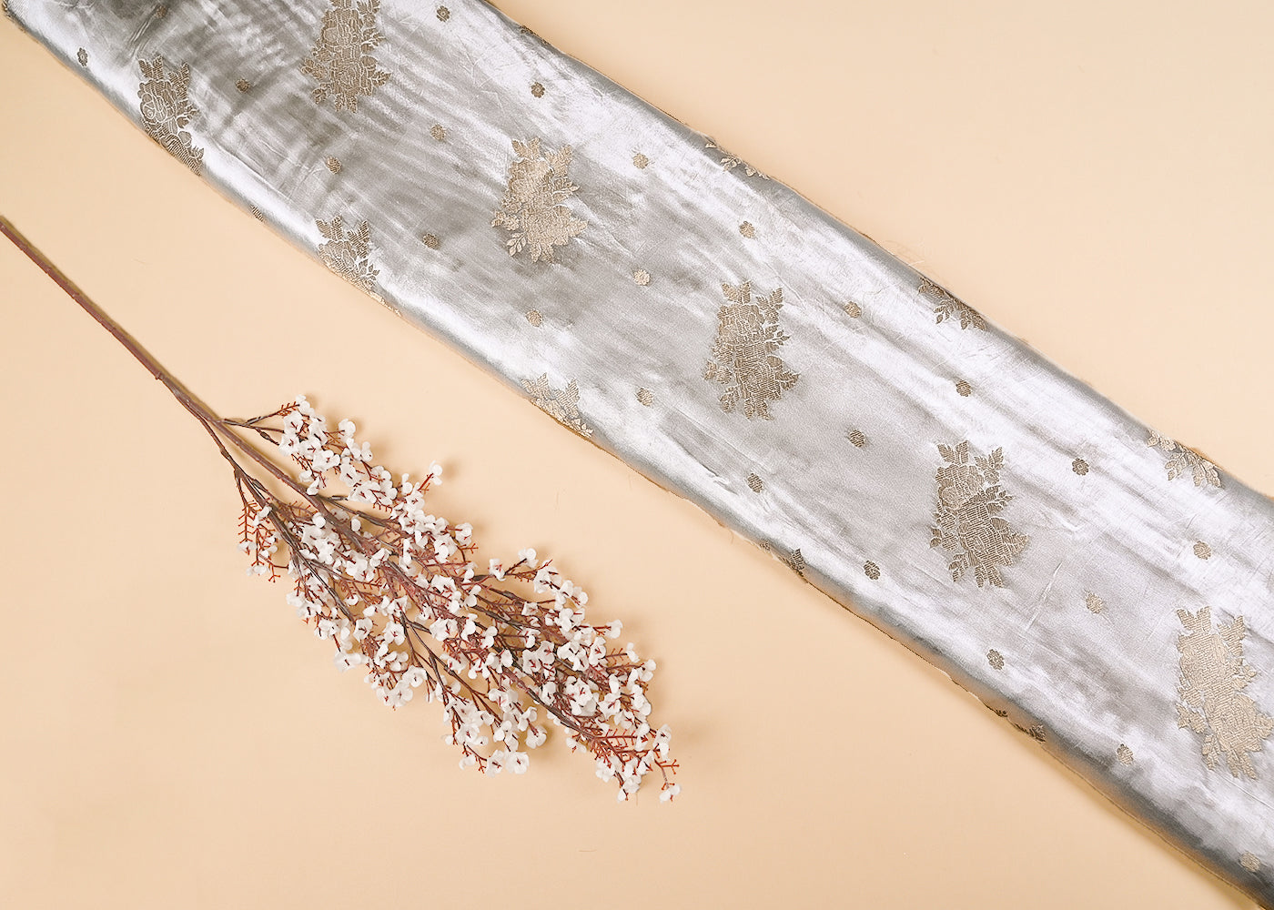 White Satin Fabric With Allover Zari Handloom Buti 20390