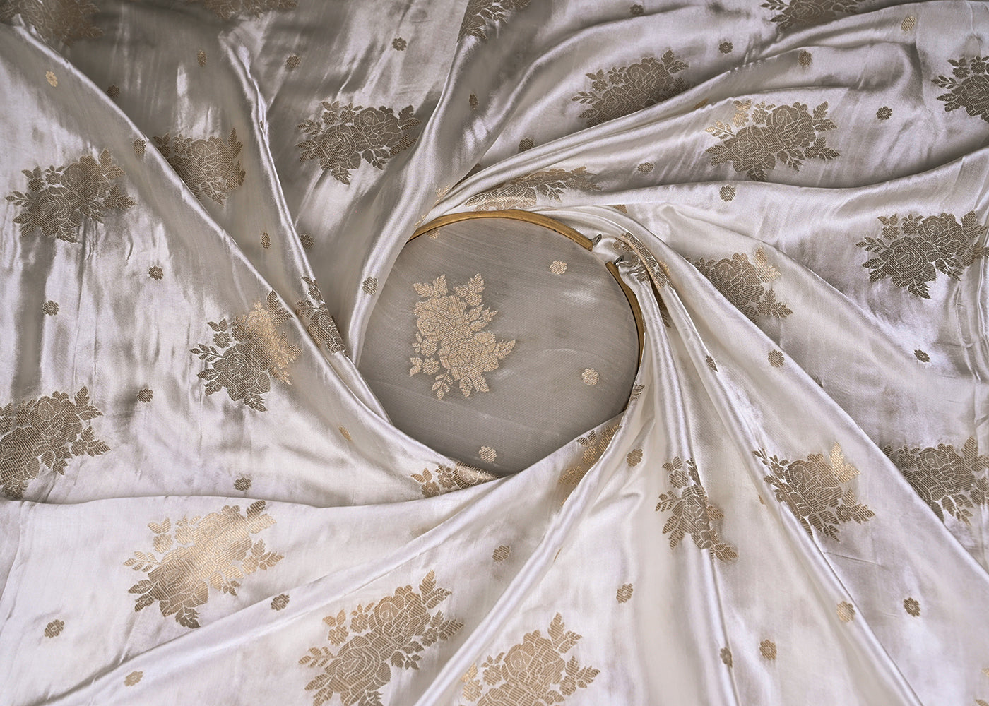 White Satin Fabric With Allover Zari Handloom Buti 20390