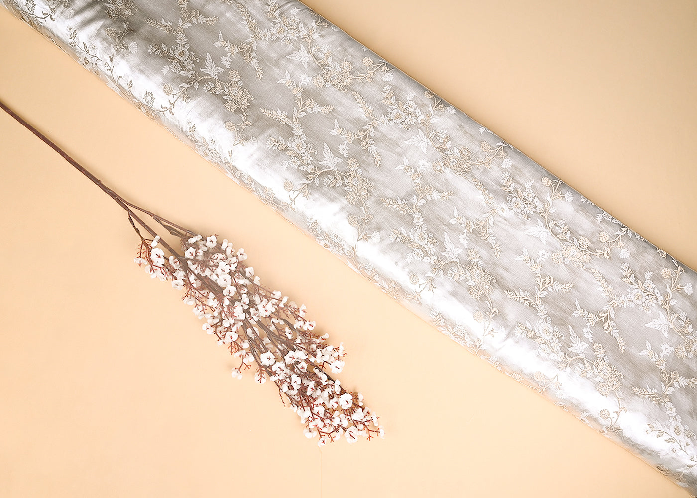 White Satin Fabric With Allover Zari And Thread Handloom Jaal Pattern 20391