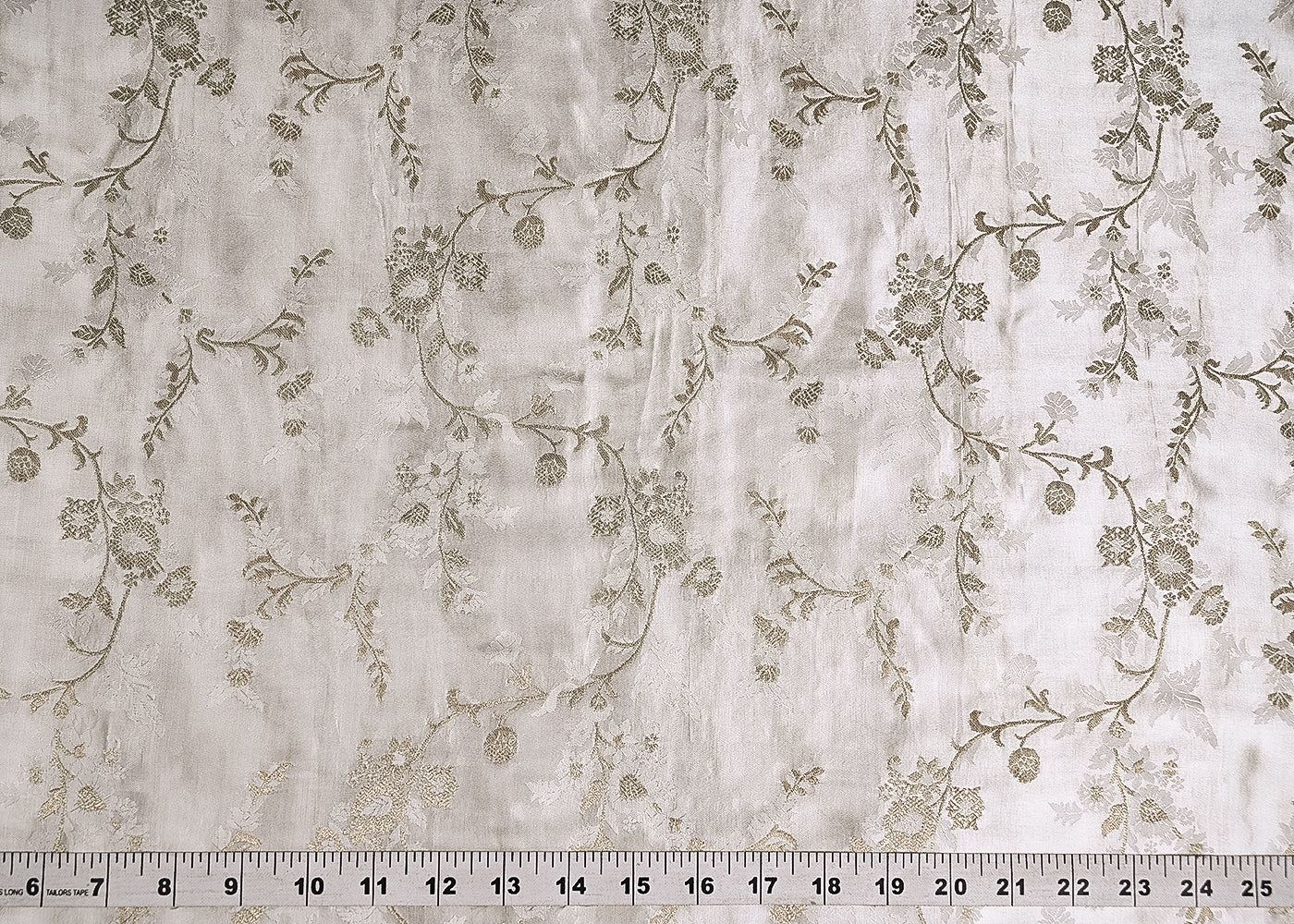 White Satin Fabric With Allover Zari And Thread Handloom Jaal Pattern 20391