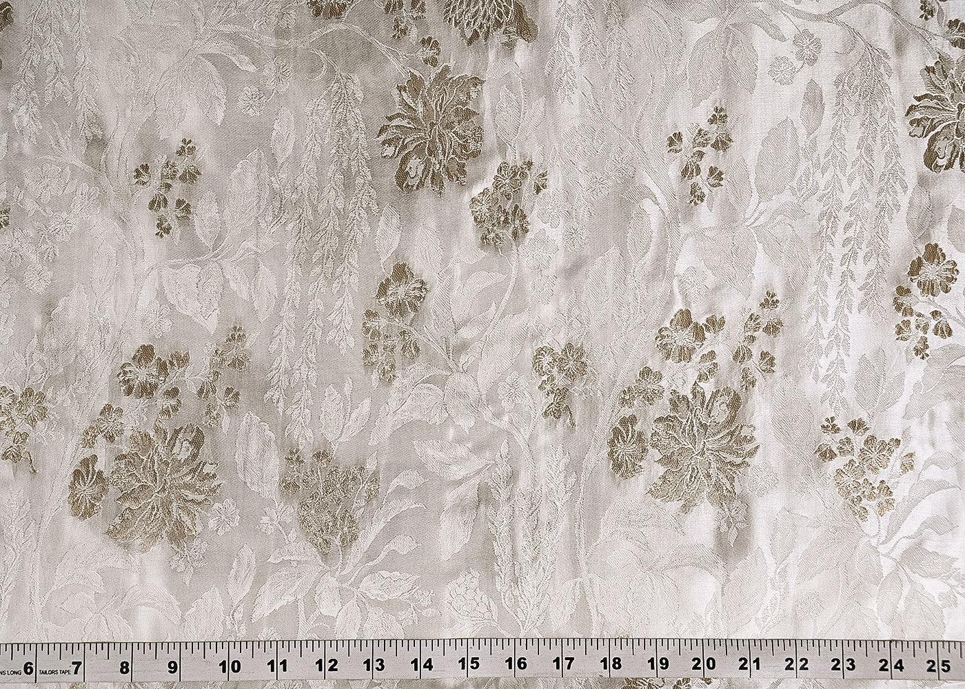 White Satin Fabric With Allover Zari And Thread Handloom Buti 20392