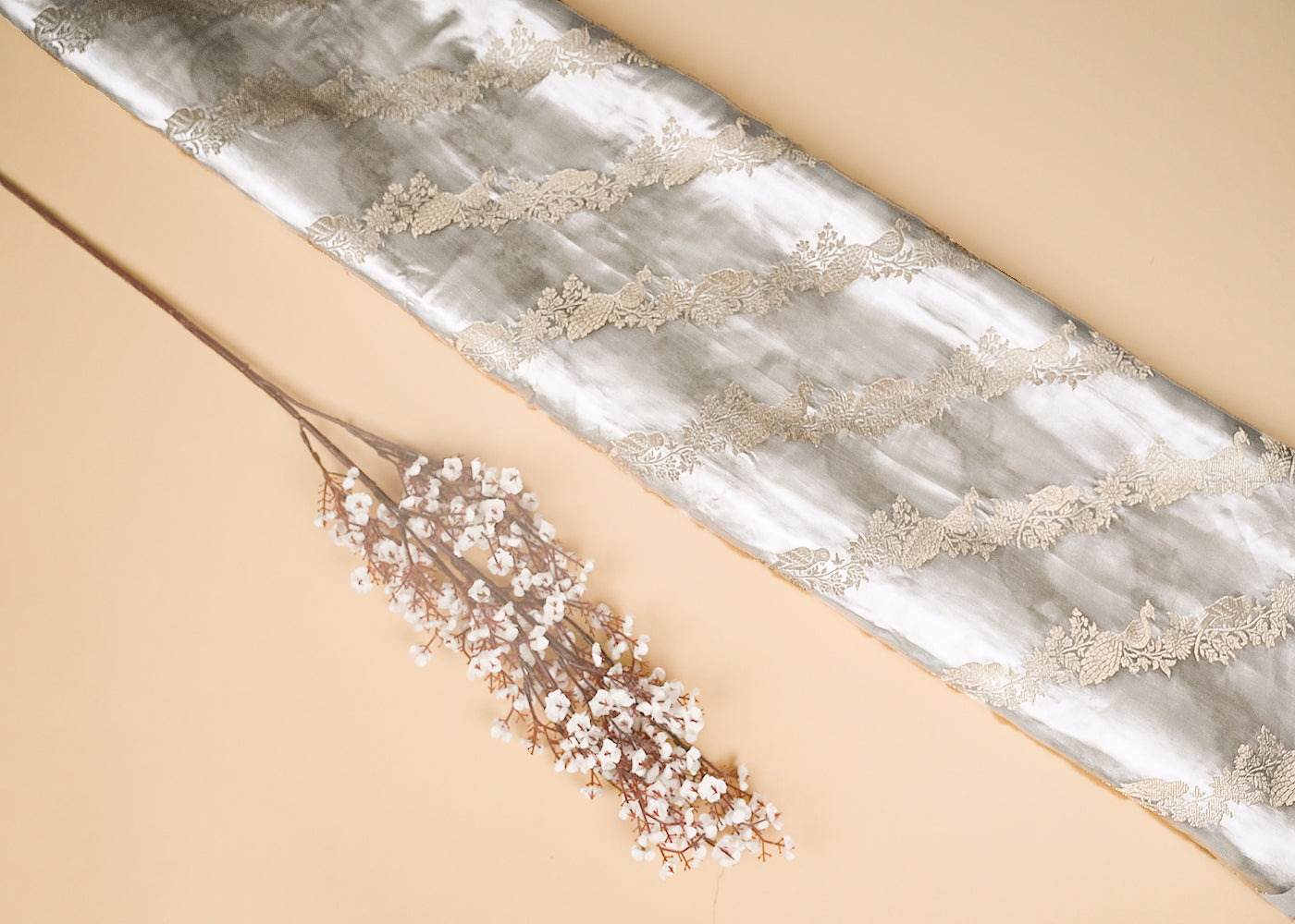 White Satin Fabric With Allover Zari And Thread Handloom Diagonal Stripes 20393