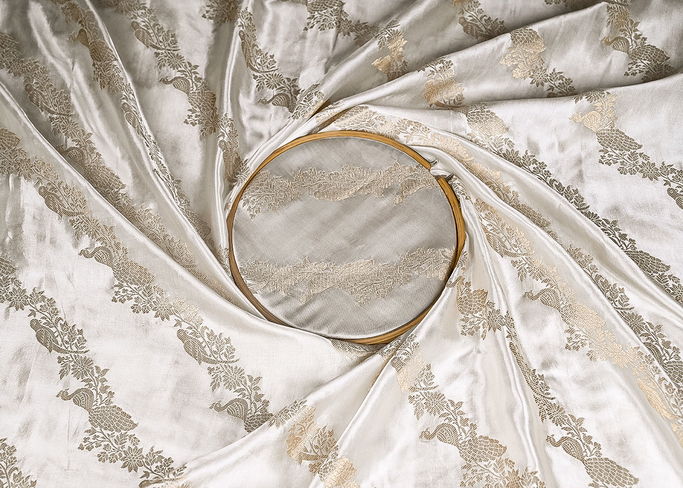 White Satin Fabric With Allover Zari And Thread Handloom Diagonal Stripes 20393