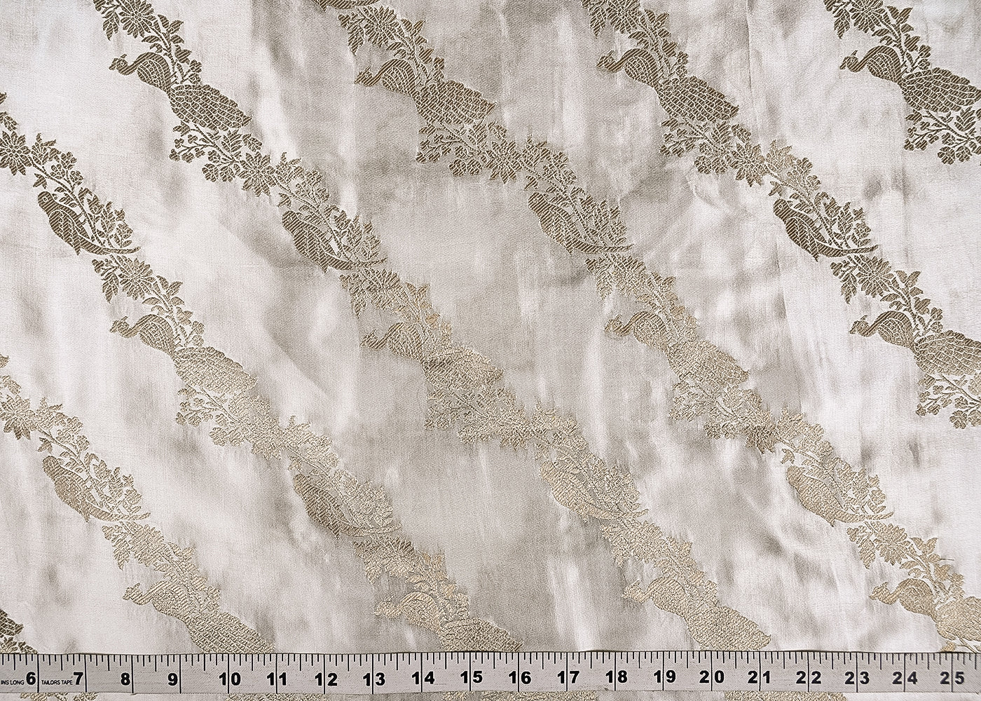 White Satin Fabric With Allover Zari And Thread Handloom Diagonal Stripes 20393