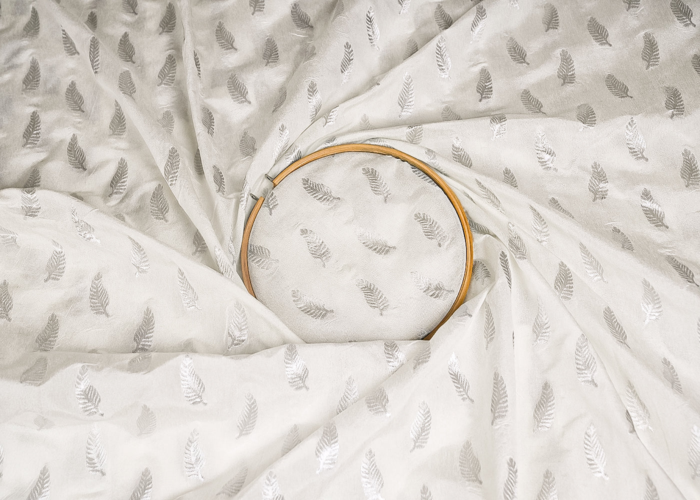 White Dyeable Chanderi Fabric With All Over Leaf Buti Of Silver Zari Handloom 20400