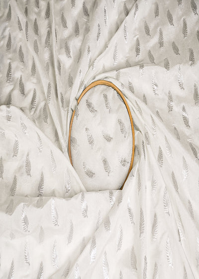 White Dyeable Chanderi Fabric With All Over Leaf Buti Of Silver Zari Handloom 20400