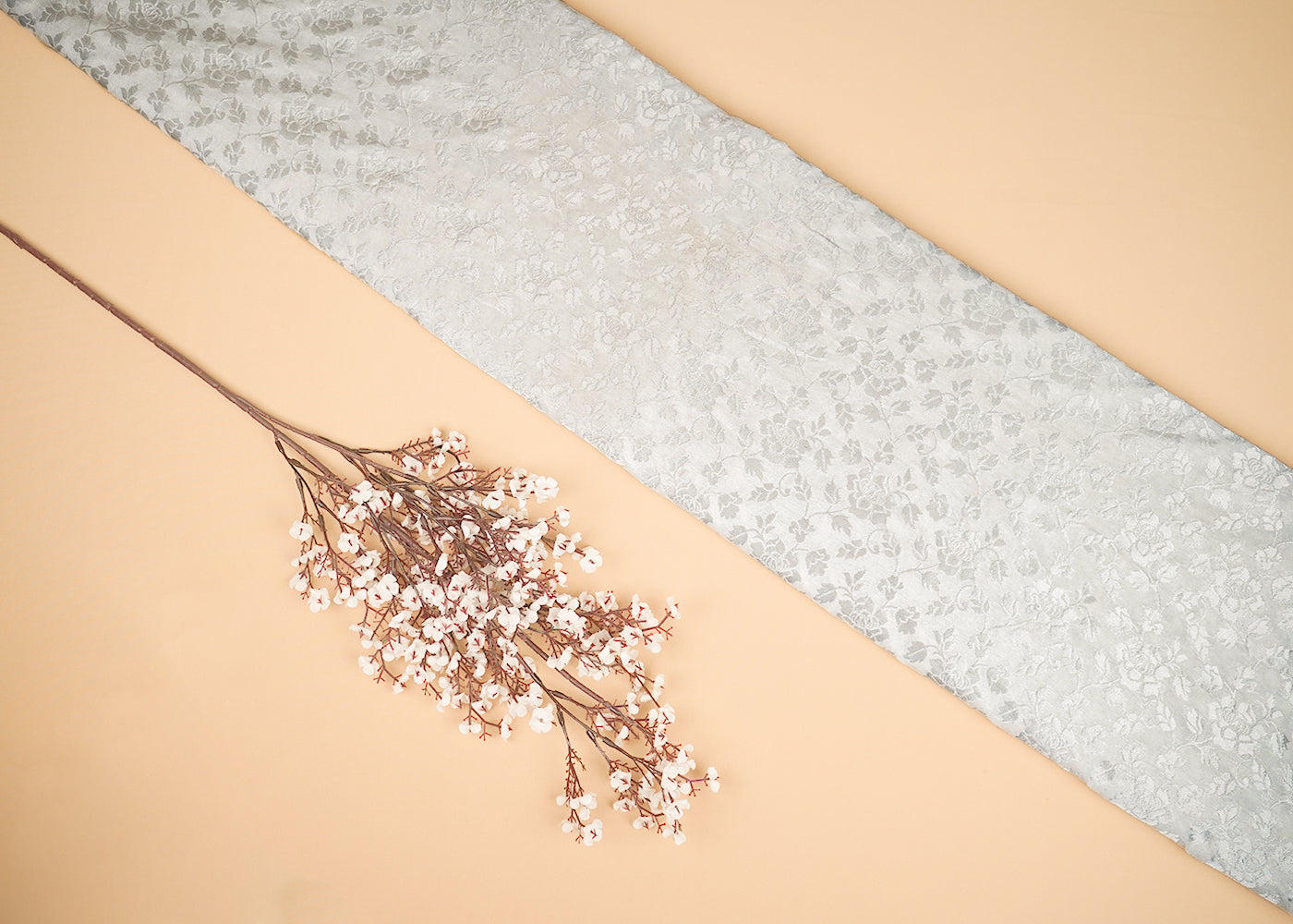 White Dyeable Chanderi Fabric With All Over Leaf Buti Of Silver Zari Handloom 20402