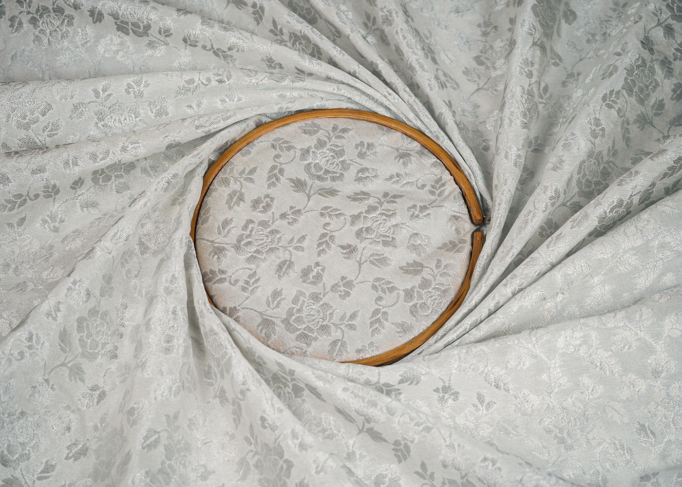 White Dyeable Chanderi Fabric With All Over Leaf Buti Of Silver Zari Handloom 20402