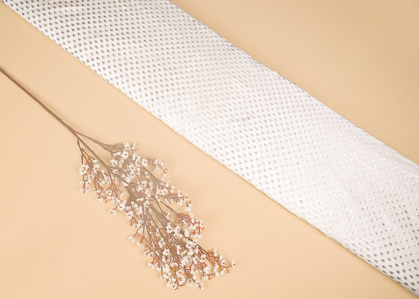 White Dyeable Chanderi Fabric With All Over Buti Of Silver Zari Handloom 20403