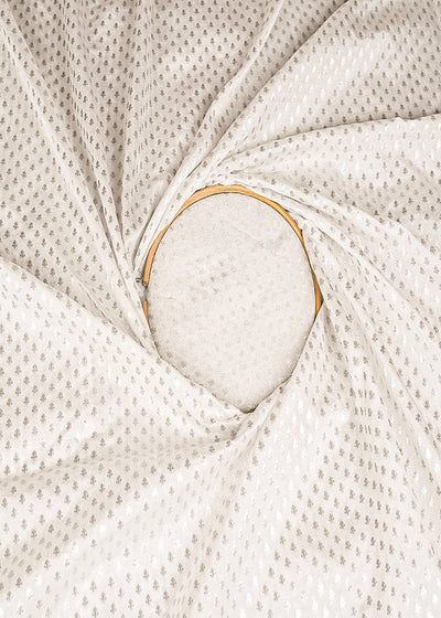 White Dyeable Chanderi Fabric With All Over Buti Of Silver Zari Handloom 20403