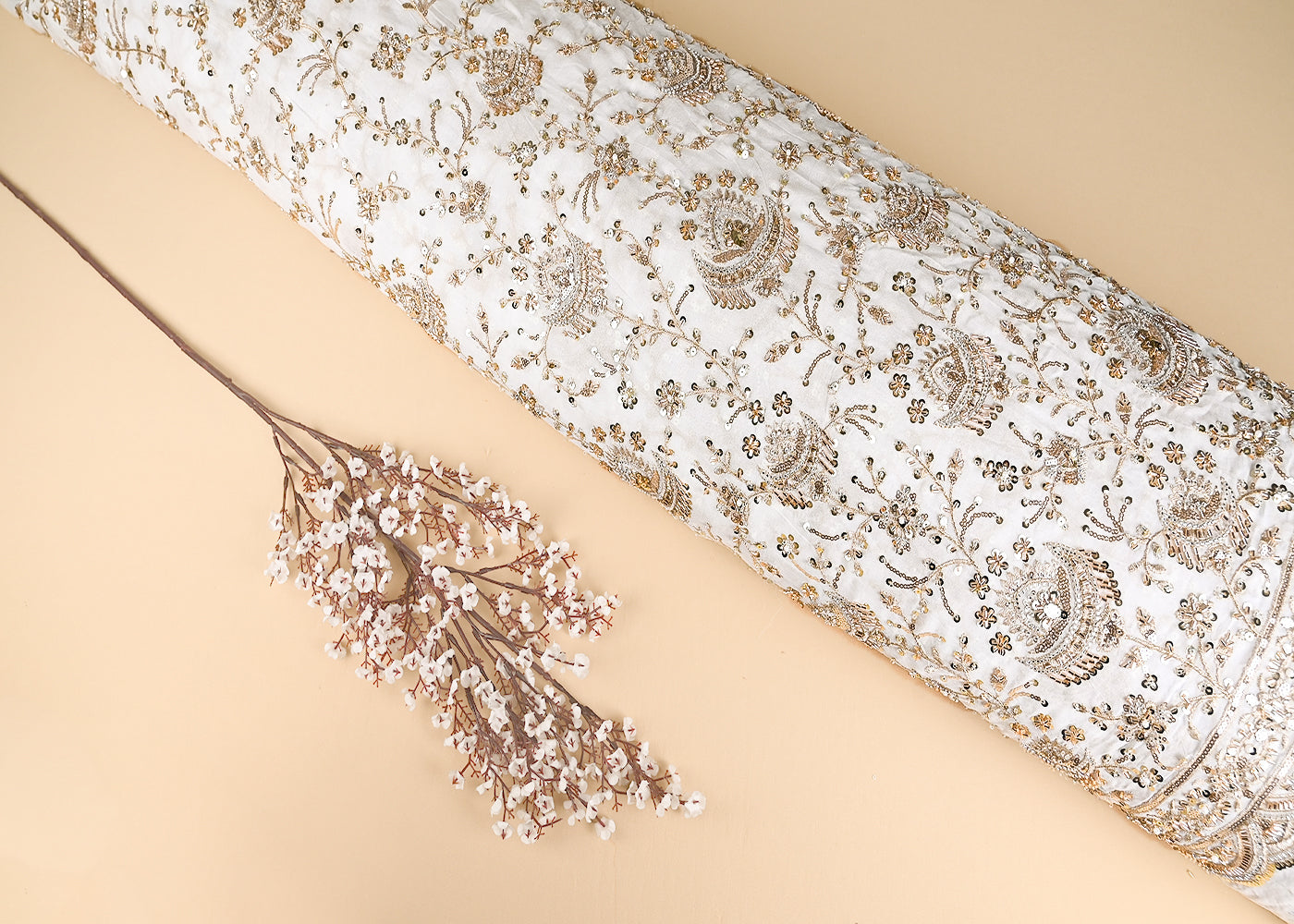 White Georgette Fabric With All Over Jaal Pattern Of Katdana, Zari, Sequins And Bead Work With One Side Border 20421