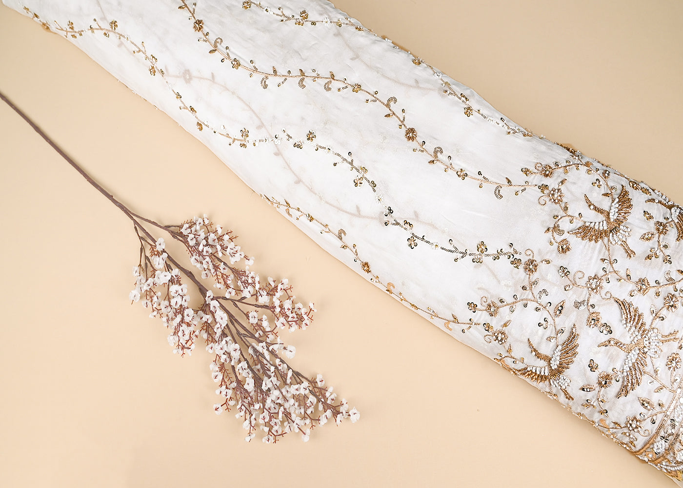 White Georgette Fabric With All Over Katdana, Zari, Sequins And Bead Work With One Side Border 20425