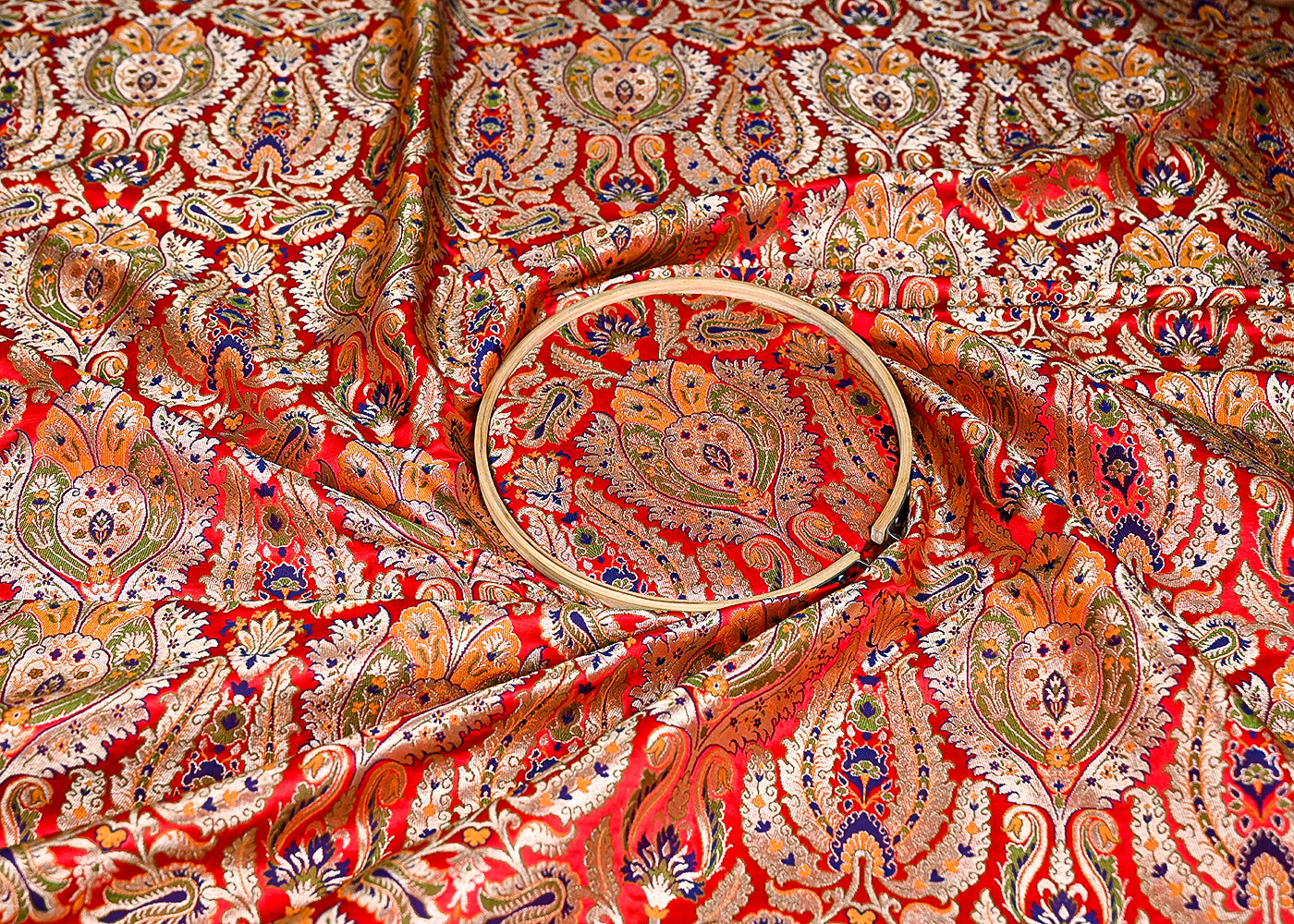 Red Pure Banarasi Brocade Fabric With All Over Thread And Zari Handloom 20431