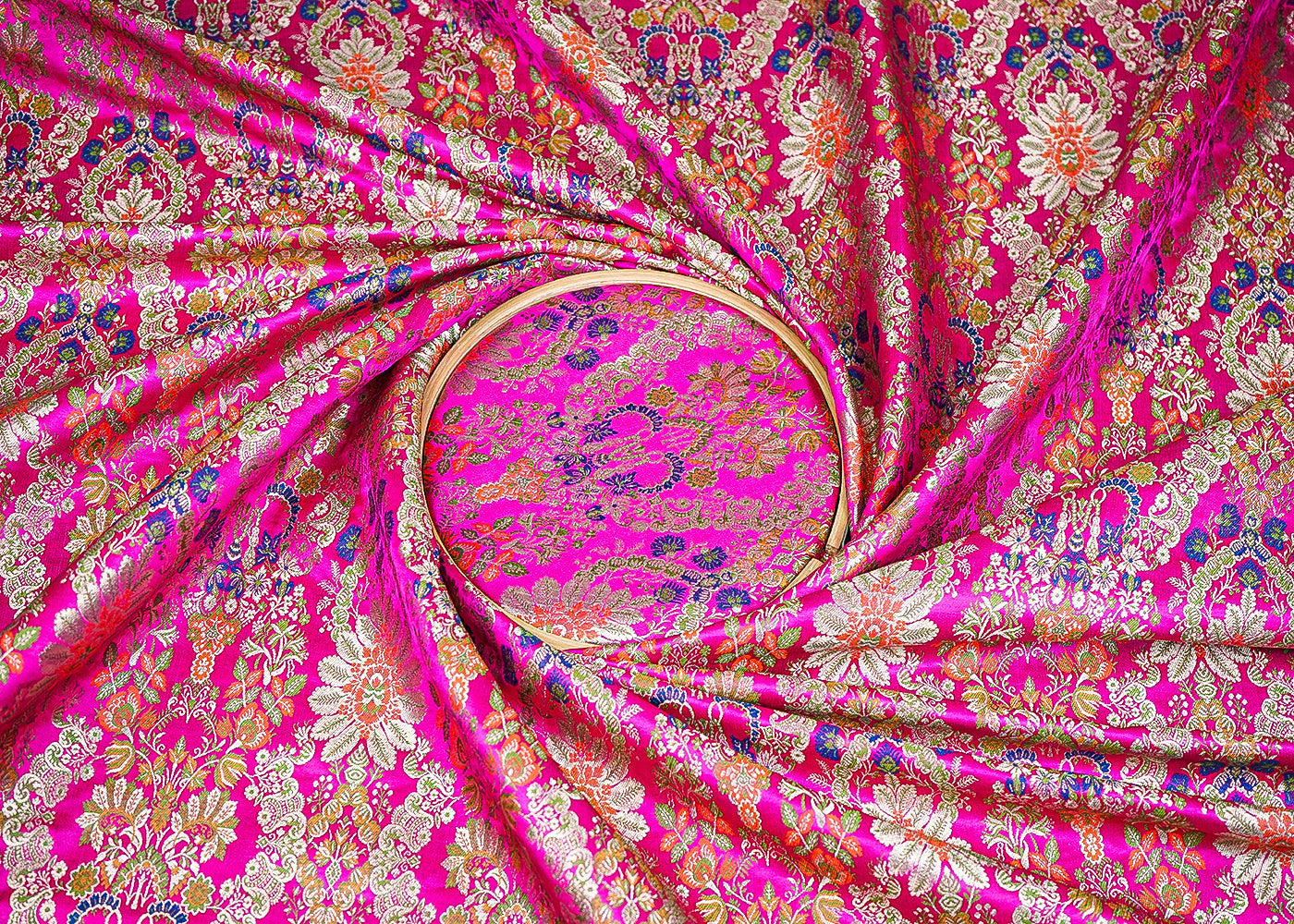 Rani Pink Pure Banarasi Brocade Fabric with Allover Golden Zari Handloom 20433