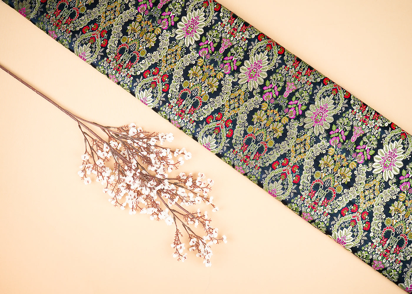 Black Pure Banarasi Brocade Fabric with Allover Golden Zari Handloom 20437